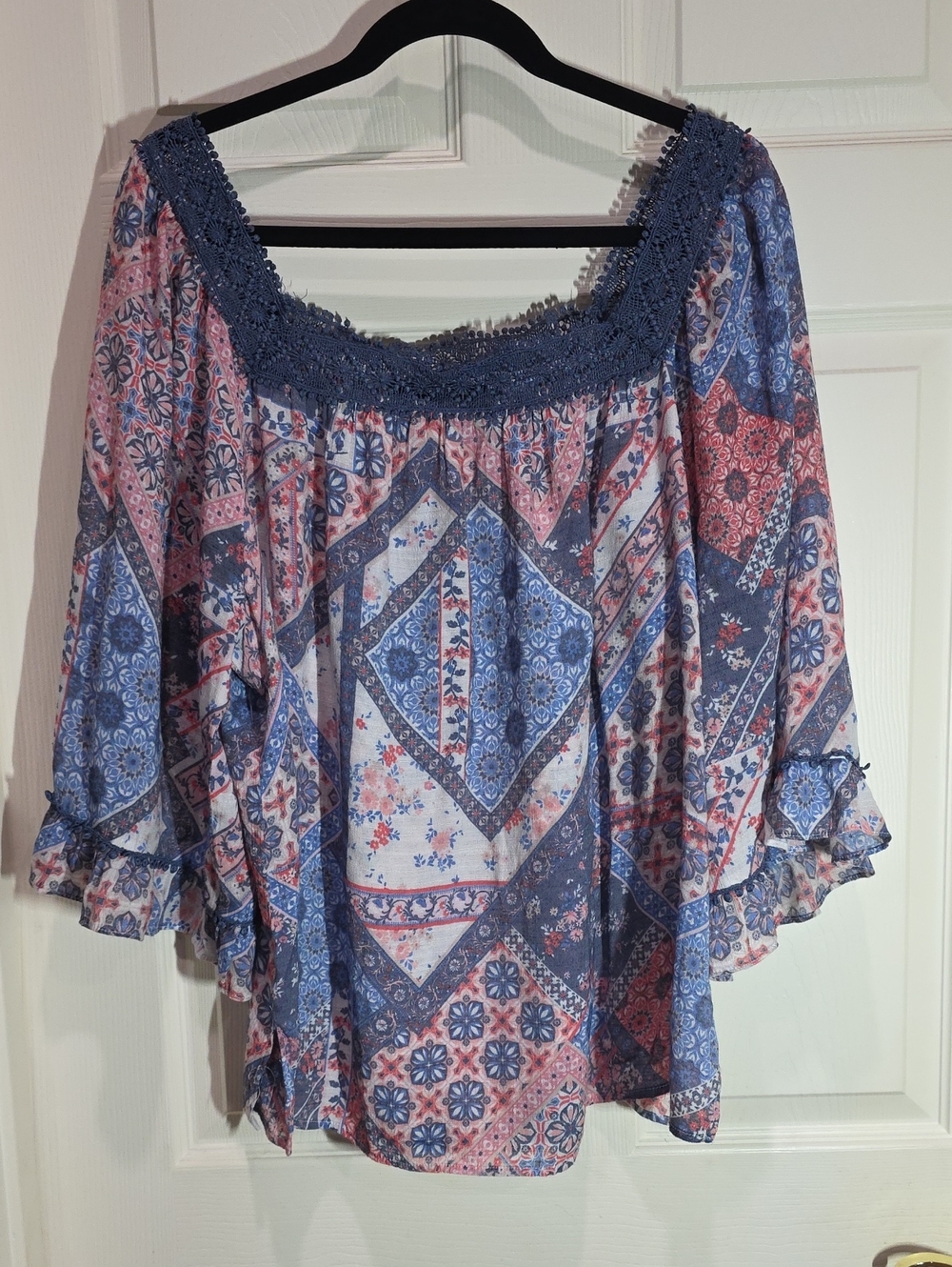 Zac & Rachel Patchwork Floral Peasant Top in Blue and Pink